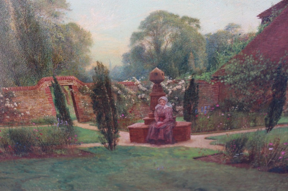 An antique oil painting depicting a woman seated in a walled garden surrounded by trees and a country house, set in an ornate gilded frame. View X