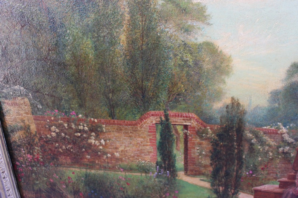 An antique oil painting depicting a woman seated in a walled garden surrounded by trees and a country house, set in an ornate gilded frame. View XIII