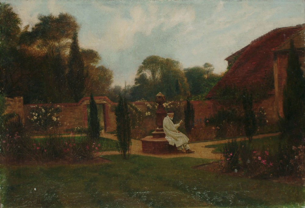 An antique oil painting depicting a woman seated in a walled garden surrounded by trees and a country house, set in an ornate gilded frame. View XIV
