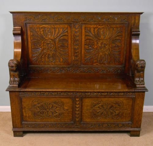 fig 1. Antique 20th Century Oak Hall Settle / Seat / Monks Bench