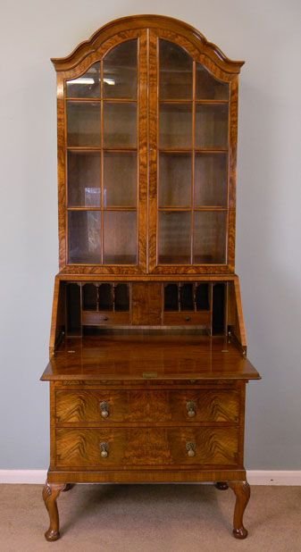 fig 1. Antique figured walnut bureau bookcase