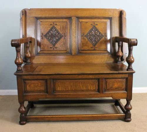 Antique Oak Monks Bench / Hall Seat / Oak Settle