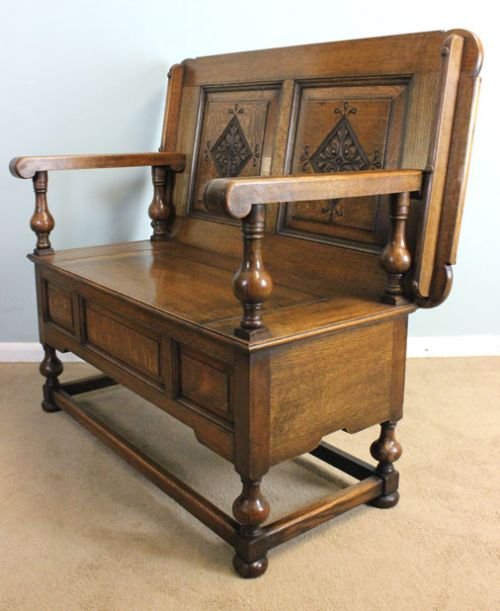 fig 1. Antique Oak Monks Bench / Hall Seat / Oak Settle