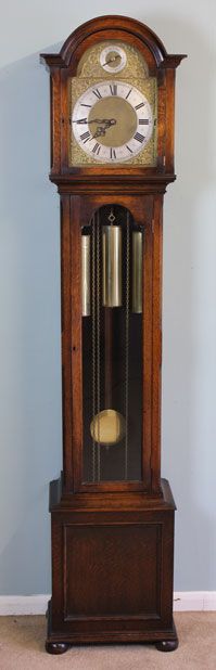 fig 1. Antique Longcase Clock, Oak Chiming Grandfather Clock.