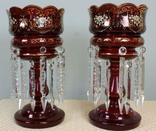 Pair of Antique Victorian Ruby / Cranberry Mantle Lustres