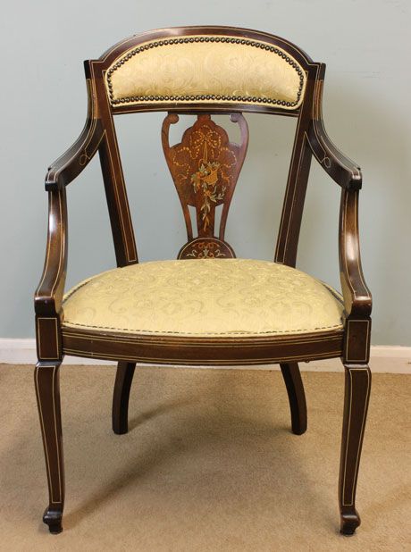 Antique Edwardian Mahogany Inlaid Armchair, Desk Chair.