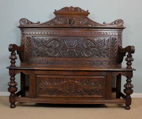 Antique Victorian Oak Settle, Monks Bench, Hall Seat