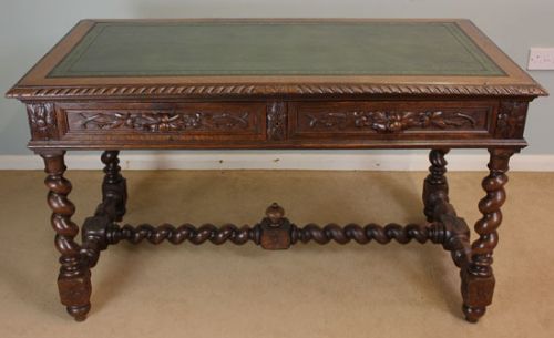 Antique Carved Oak Writing Table / Victorian Desk