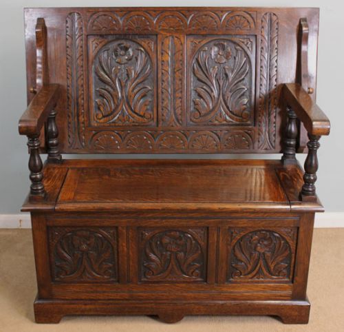 Antique Oak Monks Bench, Hall Seat, Settle