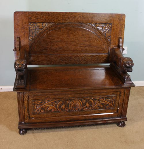 Antique Oak Monks Bench, Hall Set, Settle