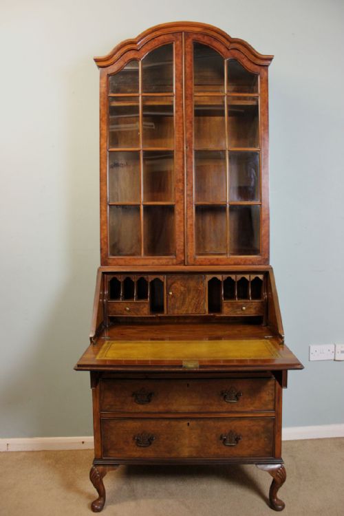 Antique 20th Century Burr Walnut Bureau Bookcase