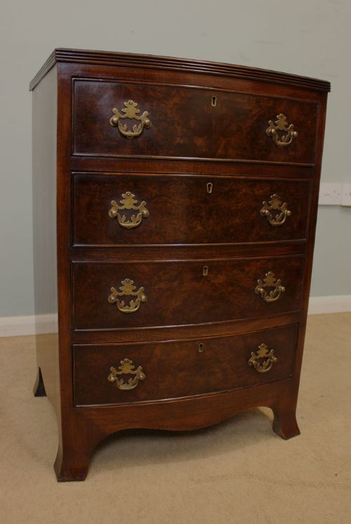 Small Antique Walnut Bow Front Chest of Drawers.