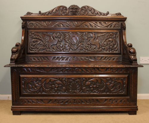 Antique Victorian Carved Oak Settle Bench, Hall Seat,