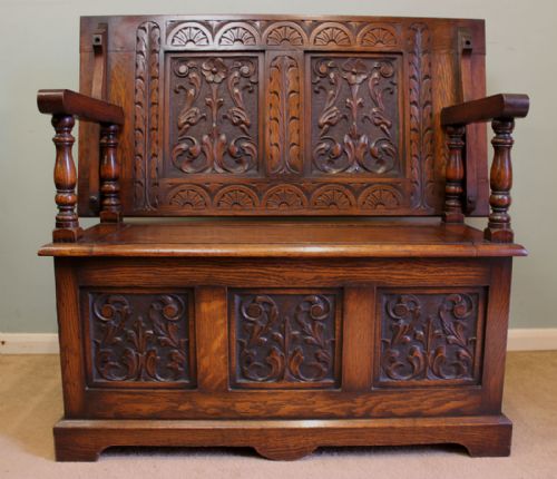 Antique Oak Box Settle, Monks Bench, Hall Seat.