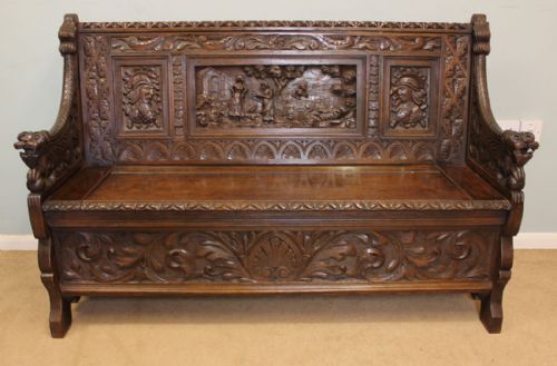 Antique Victorian Oak Box Settle, Hall Seat, Monks Bench.