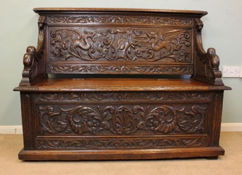 Antique Victorian Carved Oak Box Settle, Monks Bench, Hall Seat,