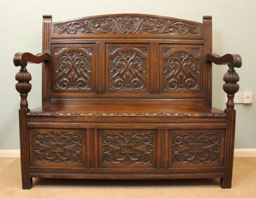 Antique Victorian Carved Oak Box Settle, Hall Seat, Monks Bench.