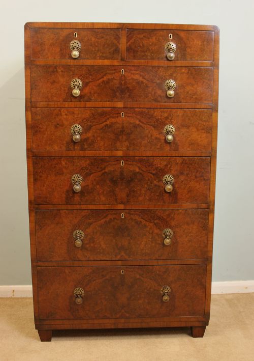 Antique Walnut Art Deco Tall Chest of Drawers