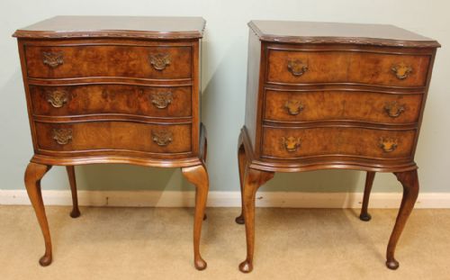 Antique Figured Walnut Matched Pair Bedside Tables, Cabinets.
