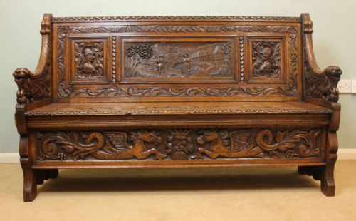 Antique Victorian Carved Oak Settle, Monks Bench, Hall Seat.