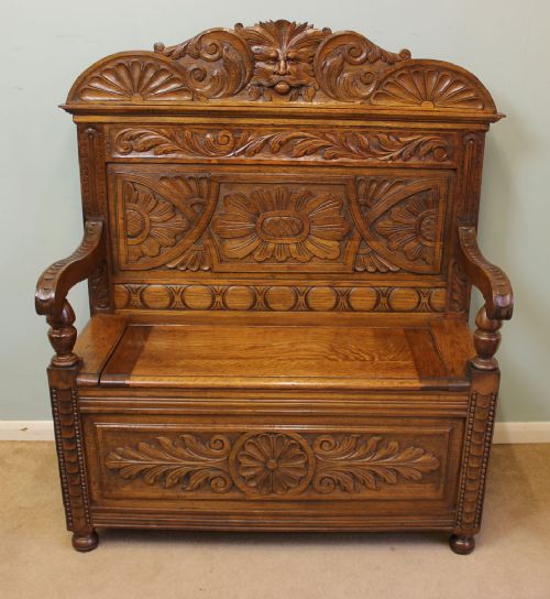 Antique Carved Oak Box Settle, Monks Bench,