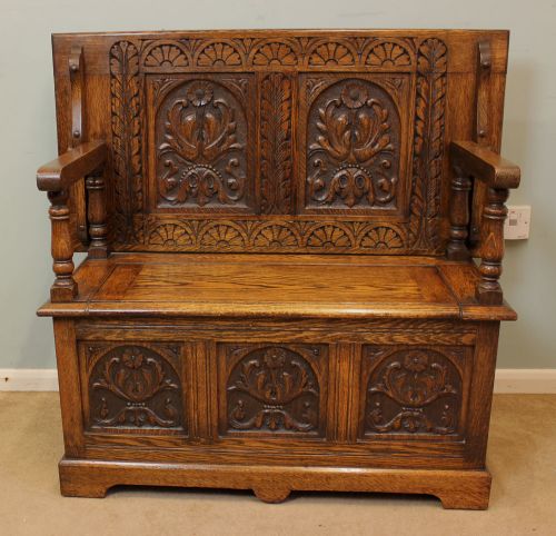 Antique Carved Oak Monks Bench, Box Settle, Hall Seat.