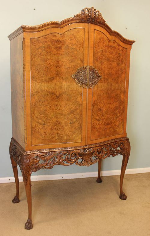 Antique Burr Walnut Cocktail Drinks Cabinet,