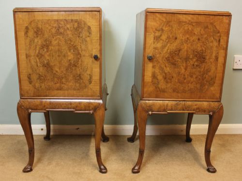 Pair Antique Figured Walnut Bedside Cabinets / Cupboards