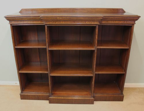 Antique Edwardian Oak Breakfront Open Bookcase,