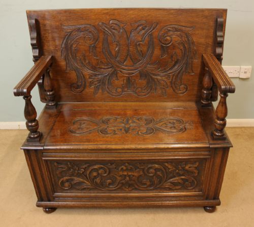 Antique Carved Oak Monks Bench, Hall Seat, Settle.