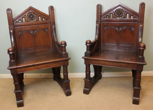 Antique Victorian Pair Oak Gothic Chairs