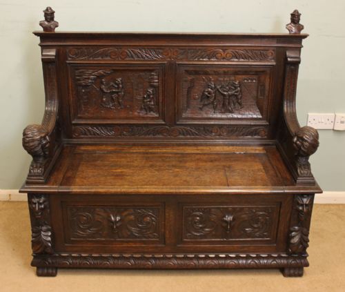 Antique Victorian Carved Oak Settle, Hall Seat, Monks Bench,