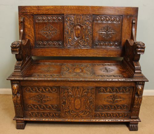 Antique Carved Oak Monks Bench,