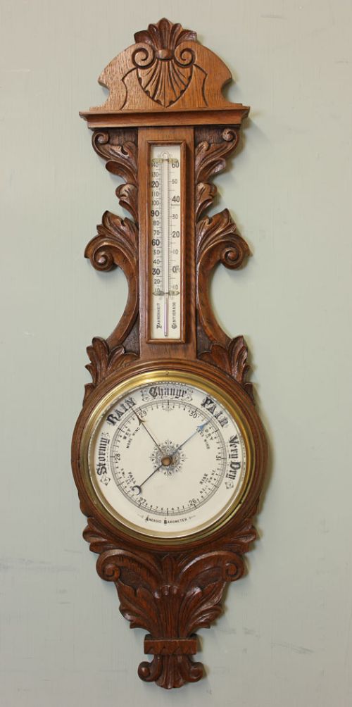 Antique Carved Oak Aneroid Barometer