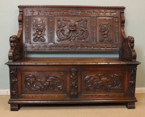 Antique Victorian Oak Settle / Hall Bench Green Man Carving,