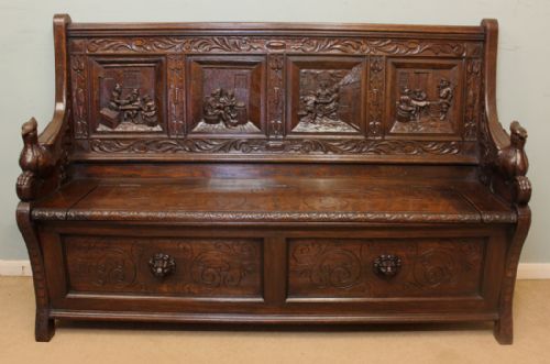 Antique Victorian Carved Oak Box Settle / Hall Bench