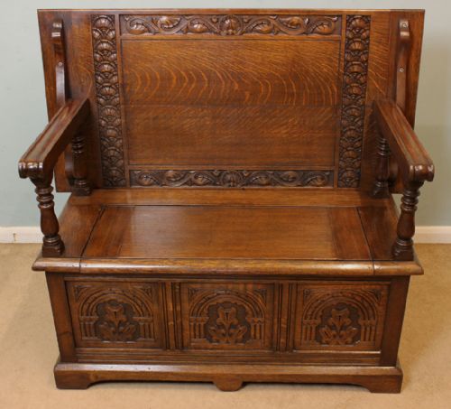 Antique Oak Monks Bench, Hall Seat, Settle.