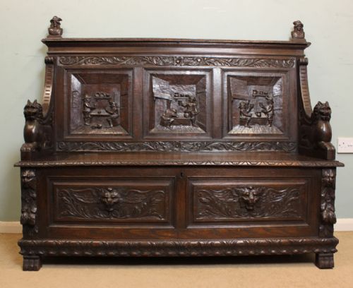 Antique Victorian Carved Oak Settle, Hall Seat.