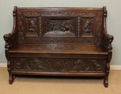 Victorian Carved Oak Box Settle, Hall Seat