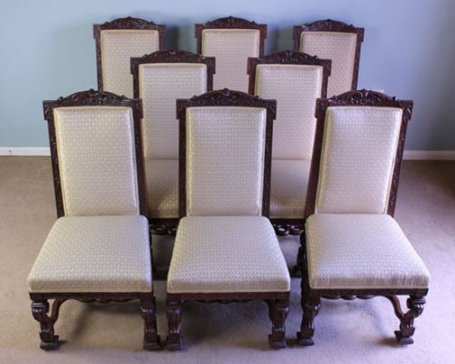 Set Eight Antique Victorian Carved Oak Chairs