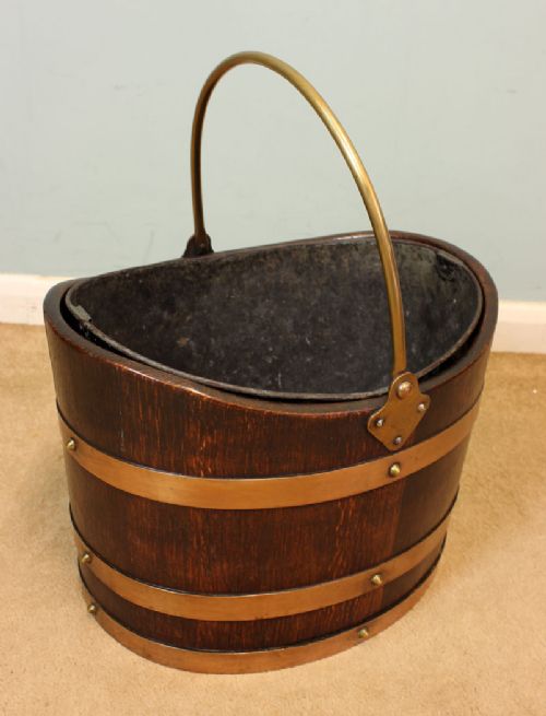 Antique Oak Coal Bucket , Planter