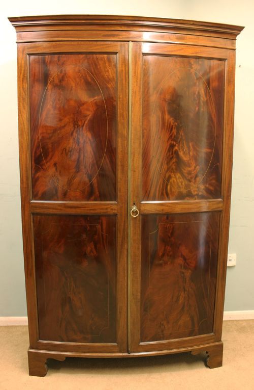 Antique Mahogany Inlaid Bow Front Wardrobe