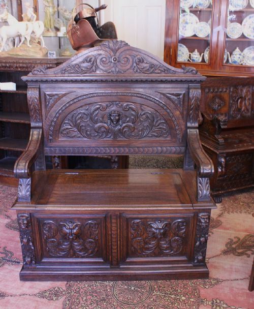 Antique Carved Oak Settle, Hall Seat, Monks Bench,
