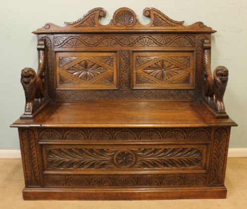 Carved Oak Settle / Monks Bench / Hall Seat,