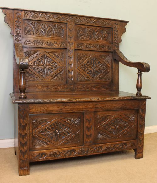 Carved Oak Settle / Hall Seat
