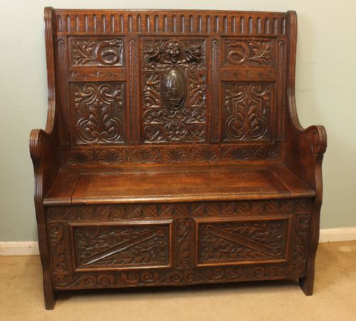 Carved Oak Box Settle, Hall Seat, Monks Bench,
