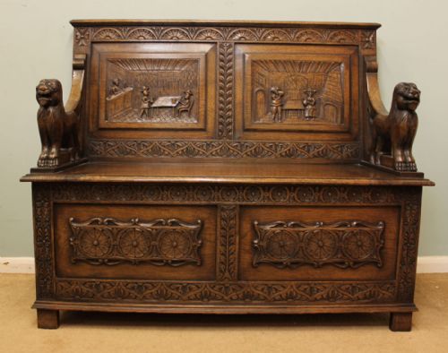 Carved Oak Box Settle / Hall Bench
