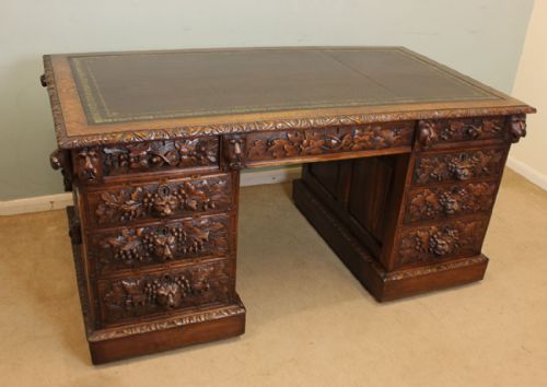 Carved Oak Kneehole Pedestal Writing Desk, Green Man