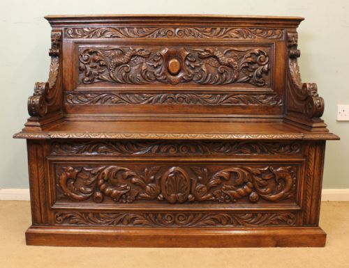 Victorian Carved Oak Box Settle, Hall Seat, Monks Bench
