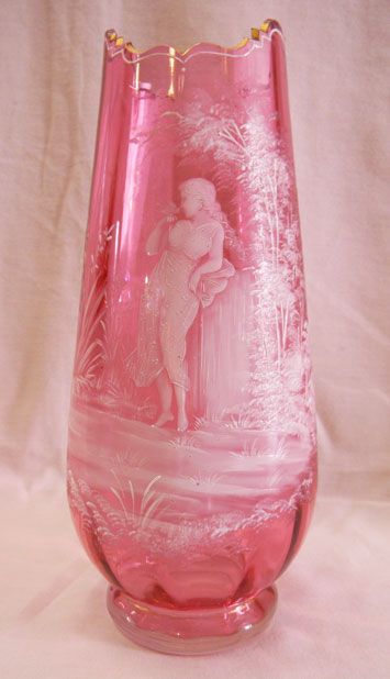 Large Victorian Mary Gregory Cranberry Glass Vase